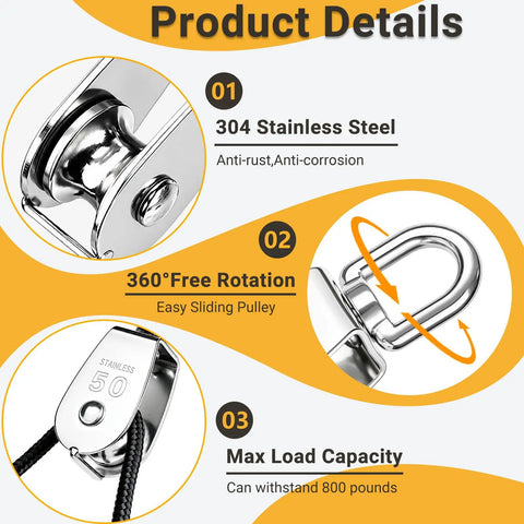Twin Pack M50 Rope Pulley Block In 304 Stainless Steel, Heavy Duty Swivel Pulley For Crane Lifting And Rigging, Hanging Wire And Cable, Rust Resistant Double Wheel Block For Tough Work Sites. 304 stainless steel M50 rope pulley with 360° swivel and 800 lb load