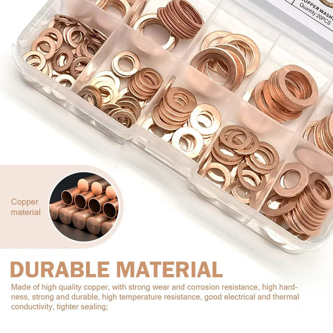 Copper Crush Washer Kit 200 Piece Assortment For Oil Drain Plugs And Gaskets Flat Ring Seals In Nine Sizes M5-M14 gold finish box