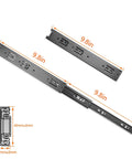 3 Pairs 10 Inch Heavy Duty Full Extension Drawer Slides With Ball Bearing Side Mount Rails For Dresser Cabinet And Kitchen 100 Lb Capacity Built To Last Durable Metal Drawer Hardware For Smooth Quiet Operation, black metal slides shown separately and assembled with dimensions marked.