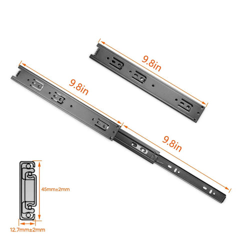 3 Pairs 10 Inch Heavy Duty Full Extension Drawer Slides With Ball Bearing Side Mount Rails For Dresser Cabinet And Kitchen 100 Lb Capacity Built To Last Durable Metal Drawer Hardware For Smooth Quiet Operation, black metal slides shown separately and assembled with dimensions marked.