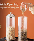 Triple Compartment Cereal Dispenser Countertop Organizer For Grains Nuts Candy And Coffee Beans Solid Wood Base Steel Lid PC Bucket 12 Liter Capacity showing wide opening for easy grain filling.