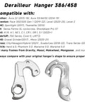 Premium Aluminum Derailleur Hanger 458 Replacement For Mountain And Road Bicycles, compatible list shown.