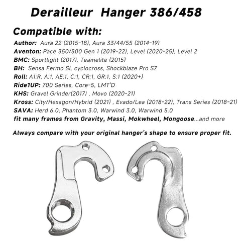 Premium Aluminum Derailleur Hanger 458 Replacement For Mountain And Road Bicycles, compatible list shown.