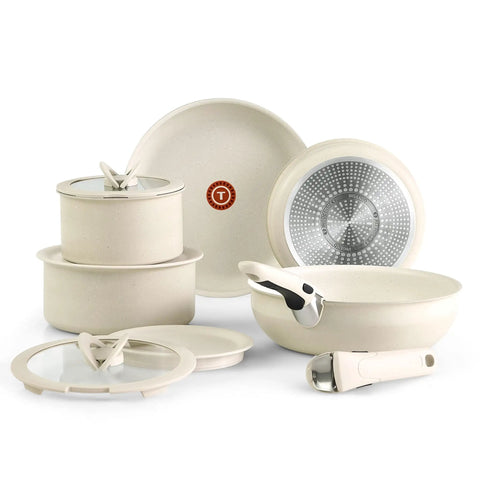 Detachable Handle Cookware Set With Stackable Pots And Pans, Nonstick Granite Titanium, Induction Ready, Beige, 11 Piece Set