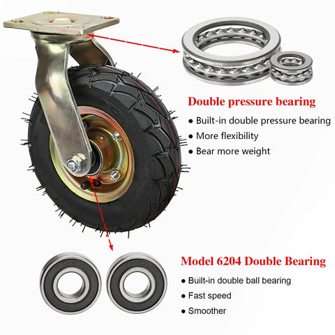 Premium Set Of Four 8 And 10 Inch Heavy Duty Rubber Swivel Caster Wheels Built Tough for industrial tool carts, showcasing double pressure bearing.