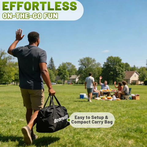 Man carrying compact bag for Epic Backyard Golf Chipping Game, heading to picnic in park, sunny day ambiance.