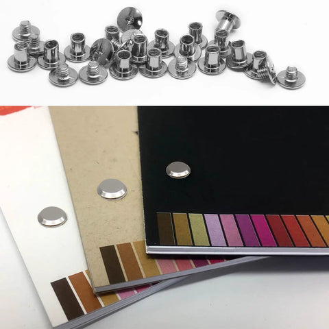 Kickass Heavy Duty Phillips Head Chicago Screws M5 X 6Mm Binding Post Fasteners on notebooks, showing their use in binding.