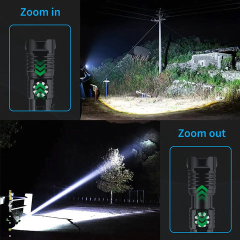 Rechargeable 100000 Lumen Tactical Flashlight with Zoomable Beam and Rotary Dimming lighting up outdoor area