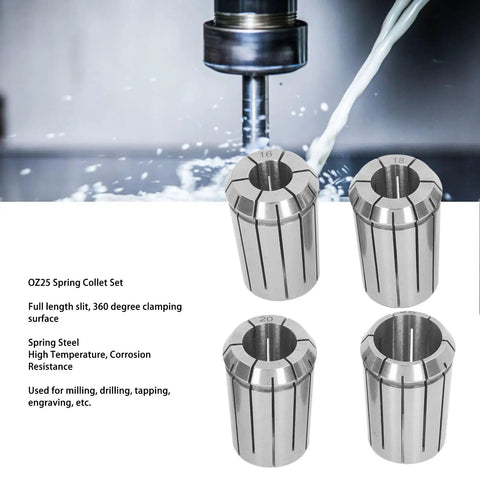 4 Piece Spring Steel Collet Set For CNC Milling Lathe Drilling And Engraving With OZ25 Collets 16 18 20 25 Mm And Wrench Tough Grip Tooling For Precise Clamping And Less Vibration For Smooth Cuts. OZ25 spring steel collets 16 18 20 25 mm