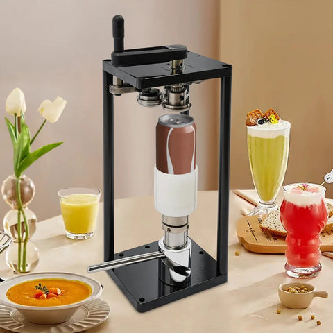 Top Shelf Manual Jar Sealer For 55Mm Soda Pots With Heavy Steel Build and Smooth Rotary Winder, sealing a beverage container.