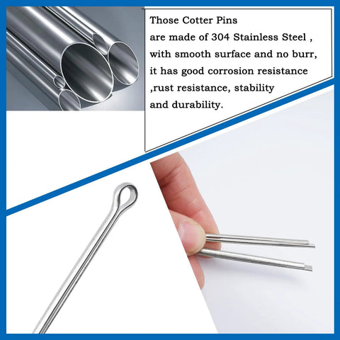 Close-up of 304 stainless steel cotter pins showing smooth surface and durability, part of 140Pcs Cotter Pin Assortment Kit.
