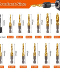 Pro Grade Titanium Drill Tap Set 13Pc HSS SAE And Metric Bits With Quick Change Adapter displayed with sizes