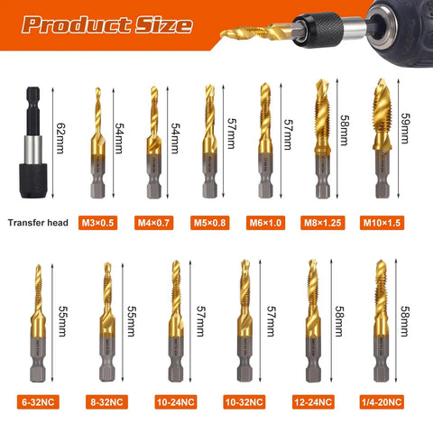 Pro Grade Titanium Drill Tap Set 13Pc HSS SAE And Metric Bits With Quick Change Adapter displayed with sizes