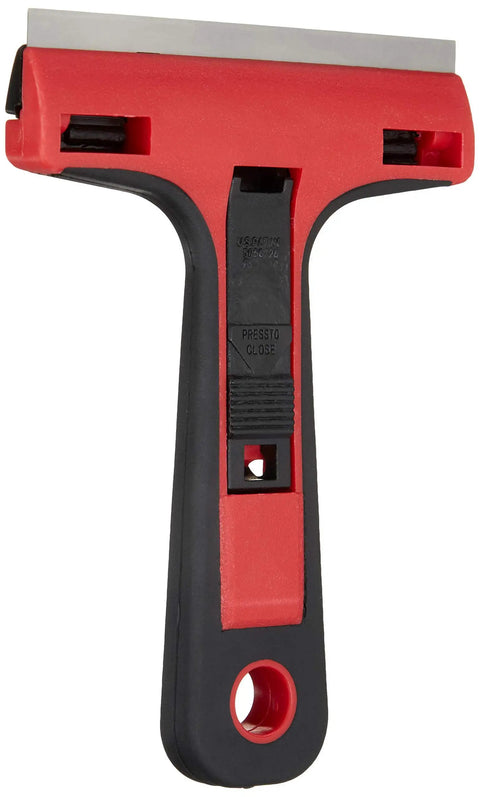 4 Inch Glass And Tile Scraper With Soft Grip Handle And Push Button Blade Change For Quick Blade Swaps Durable Carbon Steel Blade