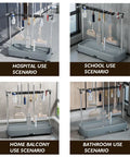 Stainless Steel Broom And Mop Rack With Double Row Hooks And Slots Mobile Cleaning Tool Cart For Long Handled Tools Rakes And Brooms Heavy Duty Home Garage Organizer shown in various use scenarios.