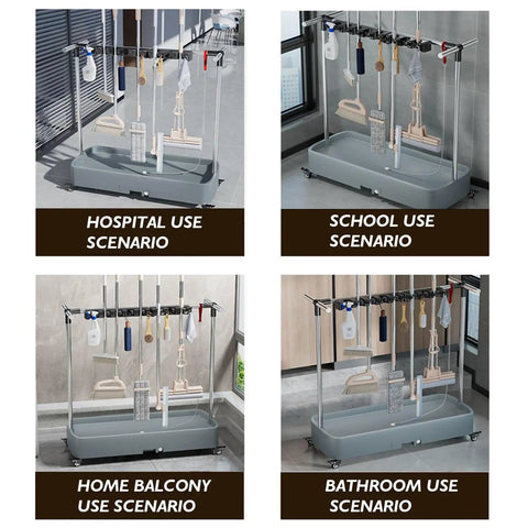 Stainless Steel Mop And Broom Rack With Removable Organizer Storage Tool Hooks And Slots For Home Garden Laundry And Garage Weatherproof Wall Mount Storage Holder Built To Last For Heavy Duty Use in various usage scenarios including hospital, school, home balcony, and bathroom.