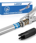 Grease Gun Coupler With Extended Reach And 12000 PSI Beefy Lock For Hard To Reach Fittings, shown with box and cleaning tool.