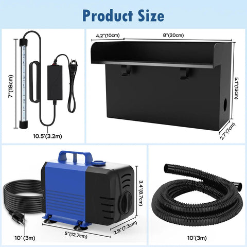Dimensions of Pond Waterfall Spillway Kit With 8 Inch Stainless Steel Spillway Remote Control LED Lights 660GPH Submersible Pump