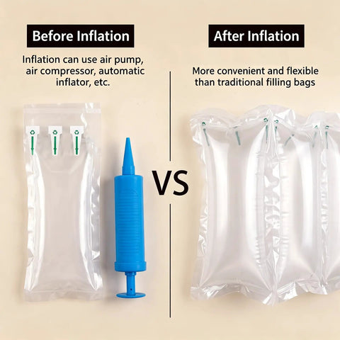 Comparison of Heavy Duty Air Pillows for Shipping and Moving, 200 Pack Void Fillers with Hand Pump before and after inflation