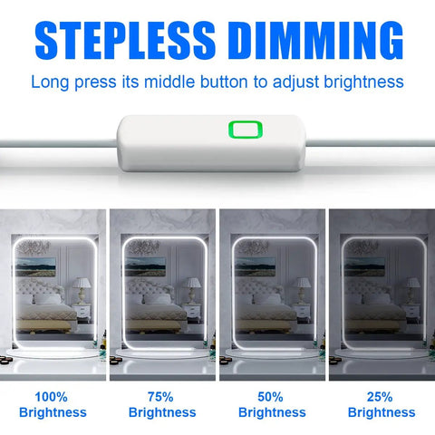LED Vanity Light Strip for Mirror With 6000K Daylight White Glow, 6.56 Ft Dimmable Makeup Light, brightness settings shown