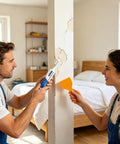 People using All In One Drywall Repair Kit With Scraper Included 8 Oz Quick Dry Patch Paste For Wall Cracks And Holes in living room.