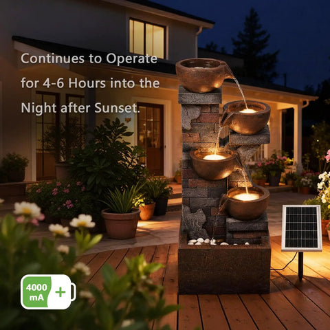 Five Tier Solar Outdoor Water Fountain With LED Lights 33 Point 5 Inch Tall Waterfall For Patio Or Backyard Easy Setup Solar Pump And Panel Included Decorative Pebbles Yard Vibe on patio at night