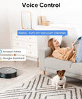 Room scene showing a Robot Vacuum And Mop Combo With 5200Pa Suction No-Fuss Cleaning Settings next to a couch, dog, and voice control labels.
