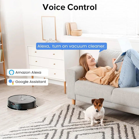 Room scene showing a Robot Vacuum And Mop Combo With 5200Pa Suction No-Fuss Cleaning Settings next to a couch, dog, and voice control labels.
