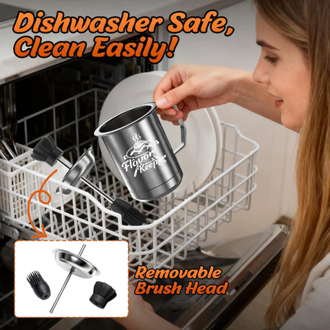 Woman loading All In One BBQ Basting Brush And Sauce Cup Set For Grilling into dishwasher, silver cup, detachable brush head