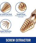 Close-up of Pro Grade Heavy Duty 6 Piece Stripped Screw Extractor Kit details with titanium coated extractors for broken bolts.