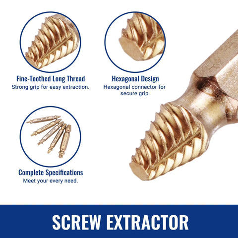 Close-up of Pro Grade Heavy Duty 6 Piece Stripped Screw Extractor Kit details with titanium coated extractors for broken bolts.