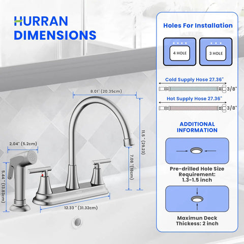 Swanky Two Handle Kitchen Faucet With Pull Out Side Sprayer And Tall High Rise Arc Finished In Brushed Nickel dimensions and installation details.