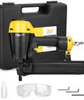 Go To Lightweight 16 Gauge Pneumatic Stapler with magnesium body, yellow and black, includes case, safety glasses, and tools.