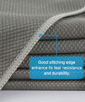 Folded grey fish scale microfiber cleaning cloths, 16x16 inch, focus on stitching with text 'good stitching edge' overlay.