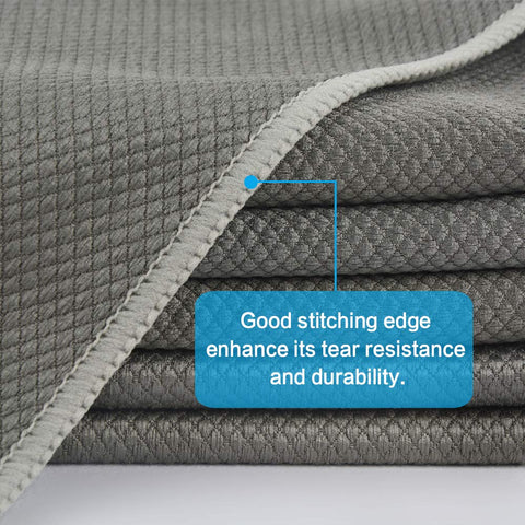 Folded grey fish scale microfiber cleaning cloths, 16x16 inch, focus on stitching with text 'good stitching edge' overlay.