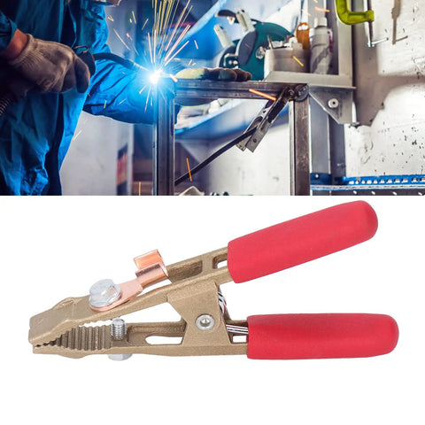 Heavy Duty A Shape Earth Wire Clamp For Electric Argon Arc Welding Plie With 260A Amp Brass Grounding Work Tool and Big 40mm Jaw Opening Featuring Red Safety Cover.