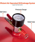 Close-up of pressure gauge and valves on 20 Gallon Waste Oil Drain Tank Air Operated Portable Drainer With Adjustable Funnel Height And Four Wheels For Easy Oil Transfer And Containment In Auto Shops And Garages