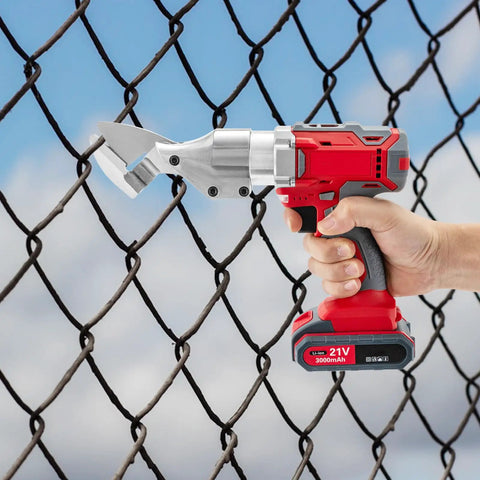 Heavy Duty 21V Cordless Electric Metal Cutting Shears With Battery, 600W Power Scissors For Stainless Steel And Iron cutting through a wire fence.