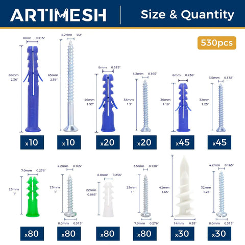 530 Piece Wall Anchors Kit With Drywall Anchors And Screws, assorted sizes showing nylon anchors and screws quantity