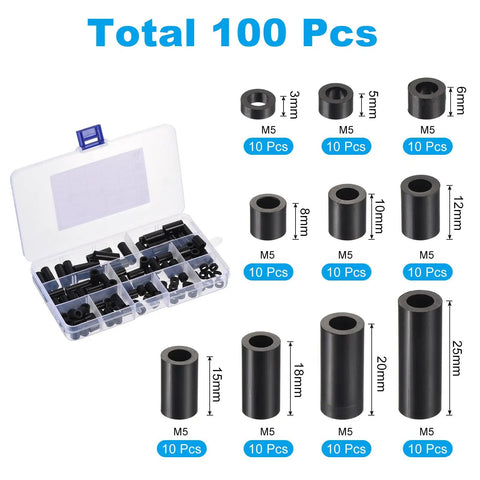 M5 Nylon Spacer Kit 100Pcs Non Threaded ABS Round Spacers Standoffs For PCB Motherboard Circuits Switch Receptacle Black Assortment