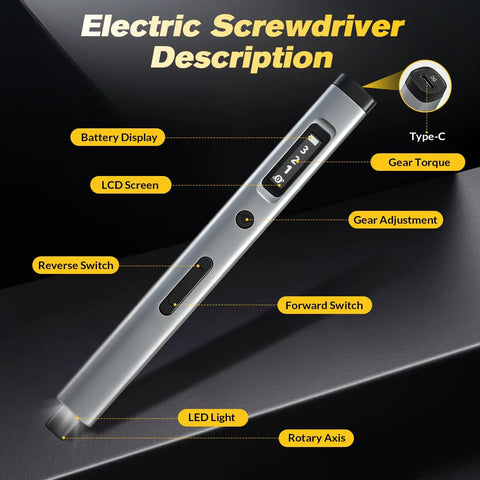 Cordless 57 In 1 Magnetic Precision Screwdriver Set With Adjustable Torque and LED Light, featuring OLED display and USB-C charging