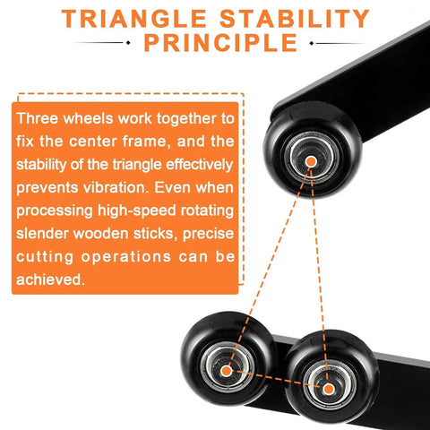 Rock Solid L Type Wood Lathe Steady Rest With Triple Adjustable Wheels shows triangle stability principle with three wheels for minimal vibration.