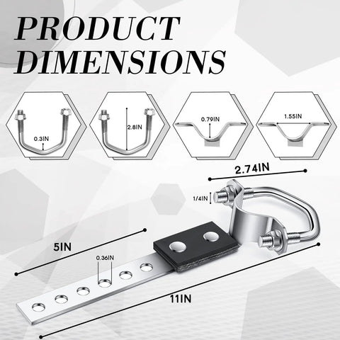 4 Pcs Exhaust Hangers Set Universal Tailpipe Brackets dimensions, silver finish, flexible swivel design shown with measurements