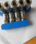 Two Pack 3 Way One Half Inch Air Manifold Block Splitter Inline Fittings For Air Hose And Pneumatic Compressor System Durable Iron Silver Blue Finish Multi Port Splitter For Quick Air Distribution Easy Install Built Tough For Busy Shops