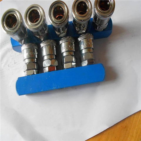 Two Pack 3 Way One Half Inch Air Manifold Block Splitter Inline Fittings For Air Hose And Pneumatic Compressor System Durable Iron Silver Blue Finish Multi Port Splitter For Quick Air Distribution Easy Install Built Tough For Busy Shops