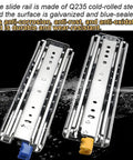 Beefy Heavy Duty 40 Inch Drawer Slides with 500 Pounds Capacity Locking Ball Bearing Rails side by side on black surface