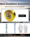 Image showing components of V Groove Gate Wheel Set 4 Inch Sliding Gate Rollers, including gate wheel, bolt, nut, washers, and gloves.