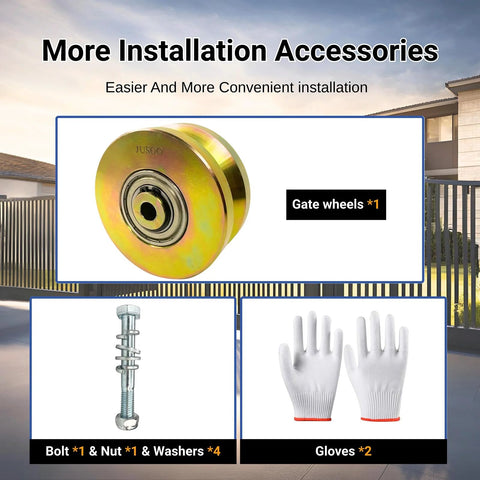 Image showing components of V Groove Gate Wheel Set 4 Inch Sliding Gate Rollers, including gate wheel, bolt, nut, washers, and gloves.
