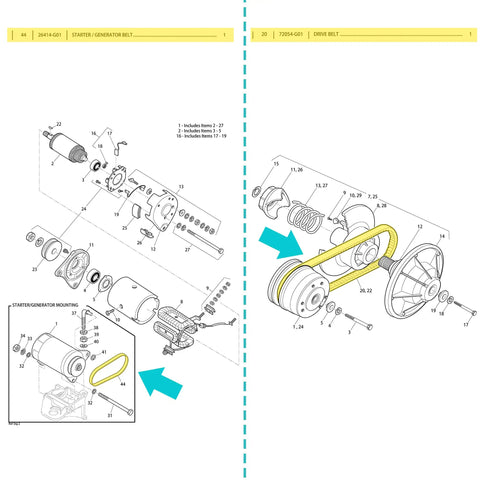 Diagram of Drive And Starter Belt Kit For EZGO Gas Golf Carts 1994 And Newer, Fits TXT Medalist Workhorse With 295cc Or 350cc Robin Engines