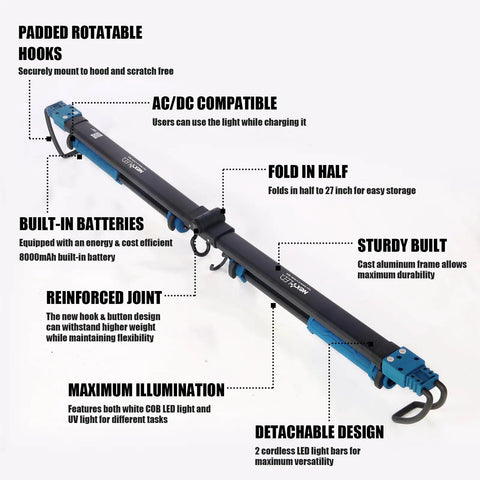 Underhood Work Light With 2000 Lumen LED Power, 8000mAh Battery, UV Mode for Detailing, showing features and closed position.
